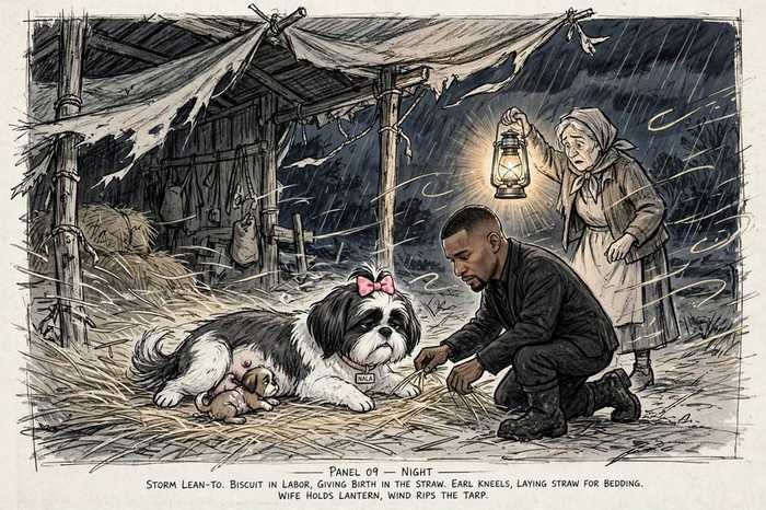 Nala's birth in the storm lean-to